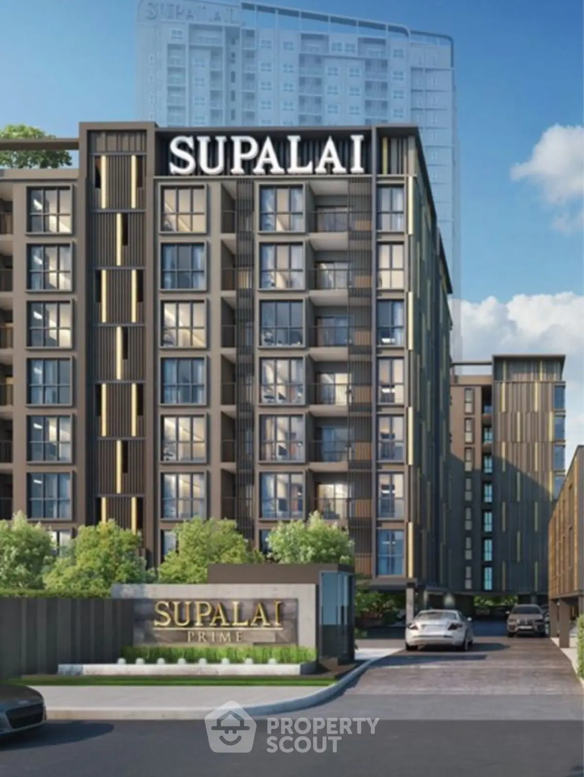 Modern urban condominium with sleek design and lush greenery at Supalai Prime.