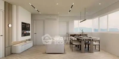 Modern living and dining area with panoramic windows and stylish decor
