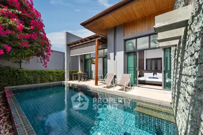Luxurious villa with private pool and lush garden, featuring expansive glass windows and modern architecture, perfect for upscale living.
