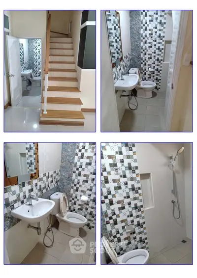 Modern bathroom with stylish tile design and staircase view