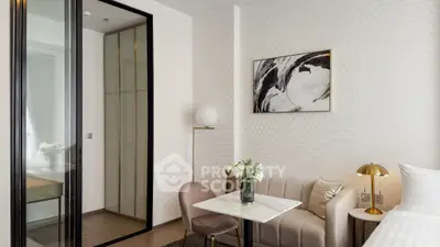 Modern living room with elegant decor and cozy seating area