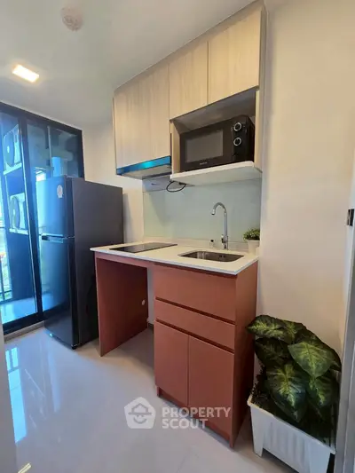 Modern compact kitchen with sleek appliances and stylish cabinetry