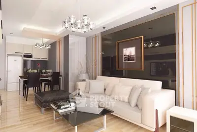 Modern living room with elegant decor and open kitchen layout