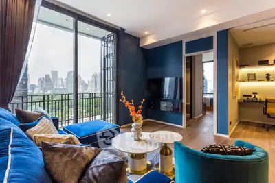Luxurious living room with stunning city view and modern decor