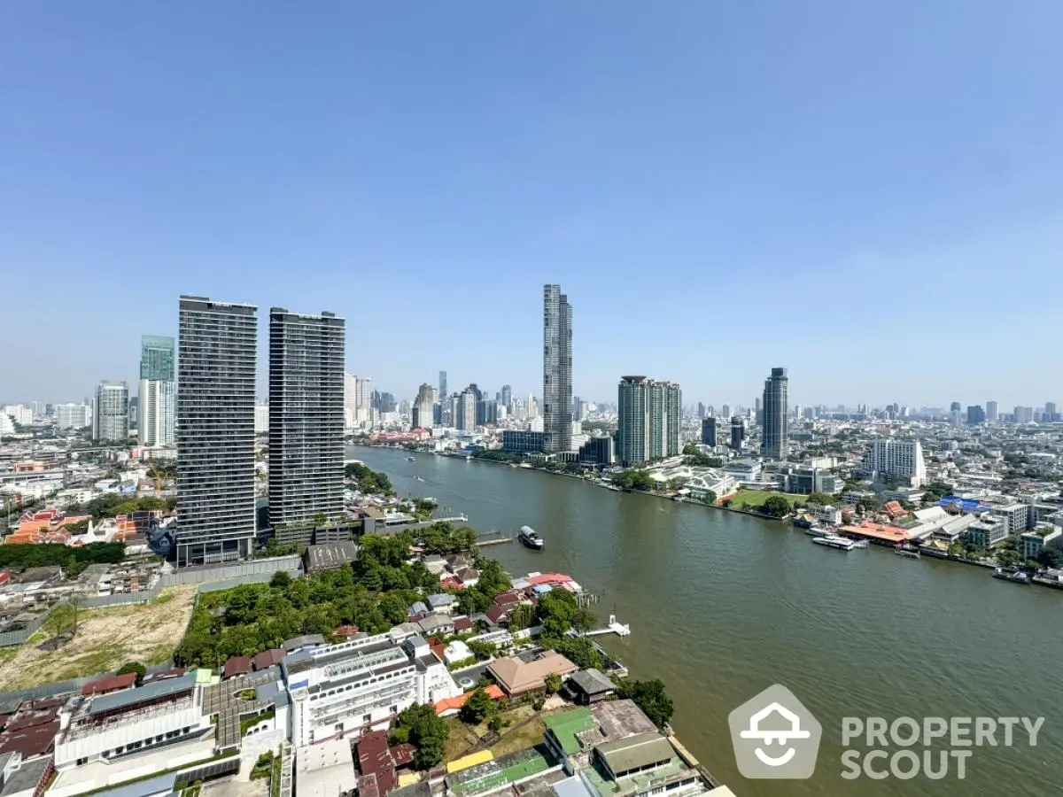 Stunning cityscape view of riverfront skyscrapers in vibrant urban setting