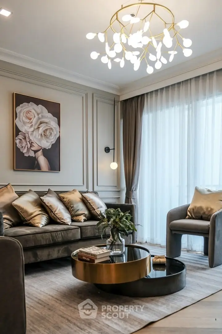 Luxurious living room with elegant decor and modern chandelier