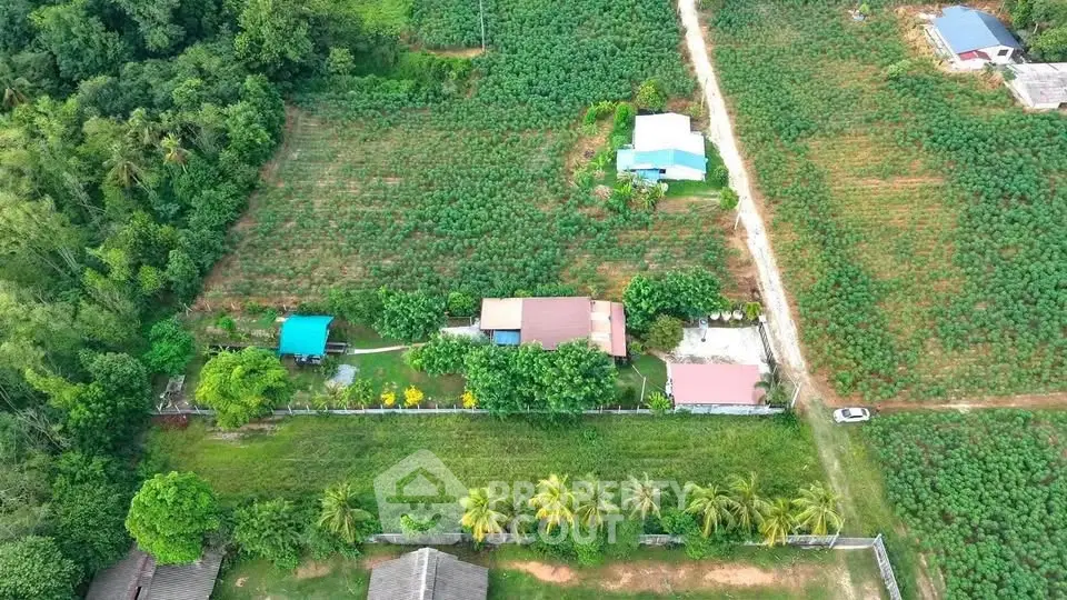 Aerial view of a rural property with lush greenery and multiple buildings, offering serene countryside living.