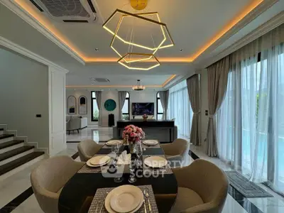 Luxurious dining area with elegant lighting and pool view in modern home