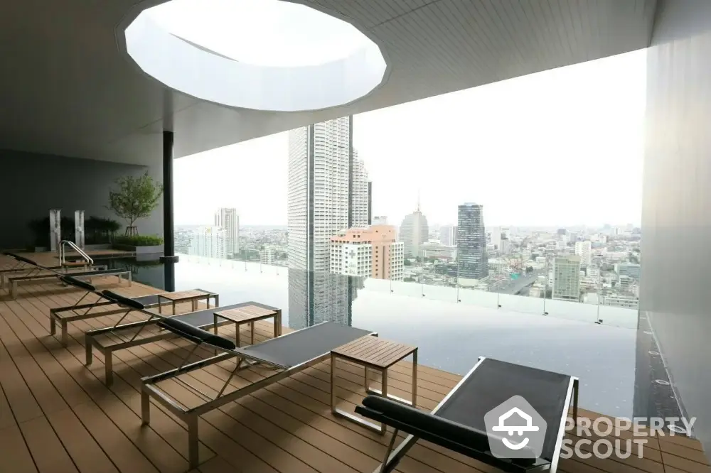 Luxurious rooftop pool with stunning city view and modern lounge chairs