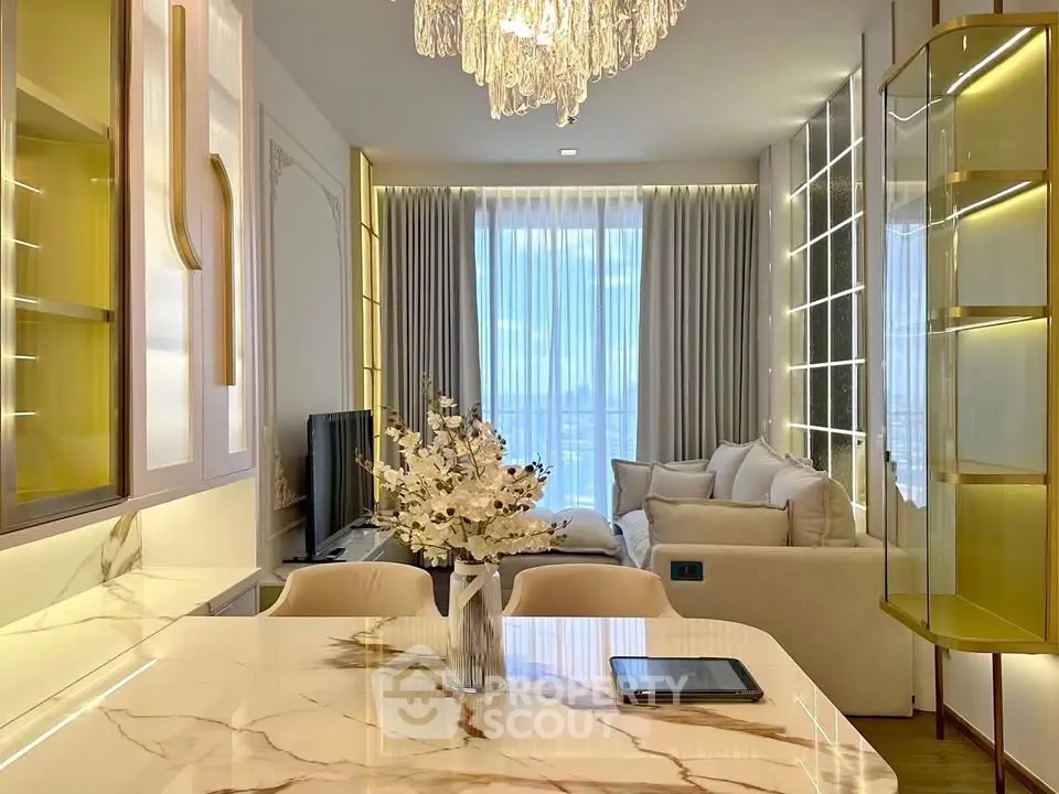 Luxurious modern living room with elegant decor and stunning city view
