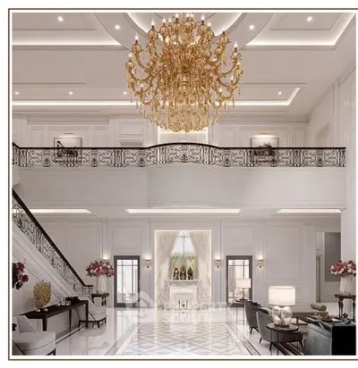 Luxurious grand living room with elegant chandelier and marble flooring