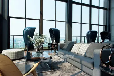 Luxurious living room with panoramic city views and modern furniture in high-rise apartment.