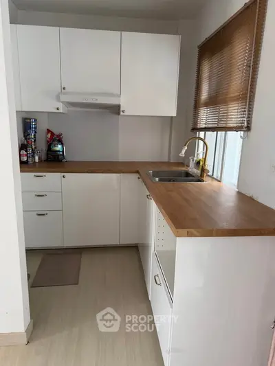 Charming compact kitchen with wooden countertops and modern white cabinetry.