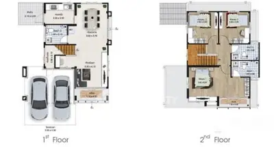 Modern two-story house floor plan with spacious rooms and parking area.