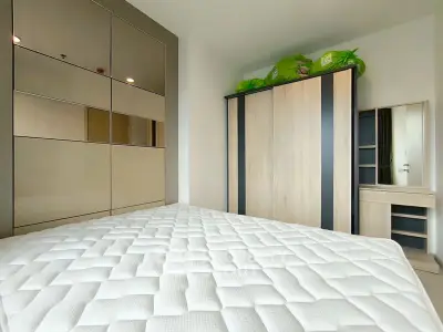 Modern bedroom with stylish wardrobes and comfortable mattress in a cozy apartment.