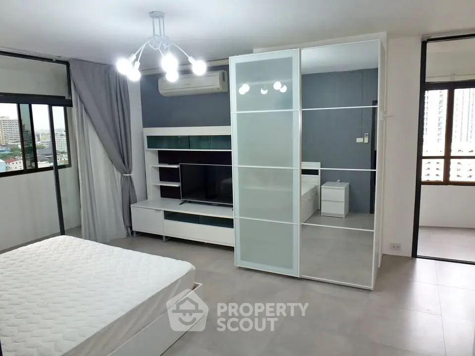 Spacious modern bedroom with city view and sleek furnishings