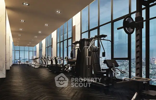 Luxurious high-rise gym with panoramic city views and modern fitness equipment.