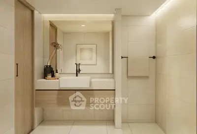 Elegant modern bathroom with minimalist design and warm lighting