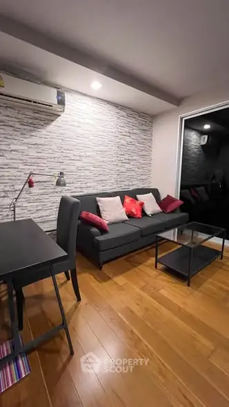 Modern living room with stylish decor and cozy seating area