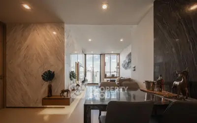 Luxurious modern living room with elegant decor and stunning city view
