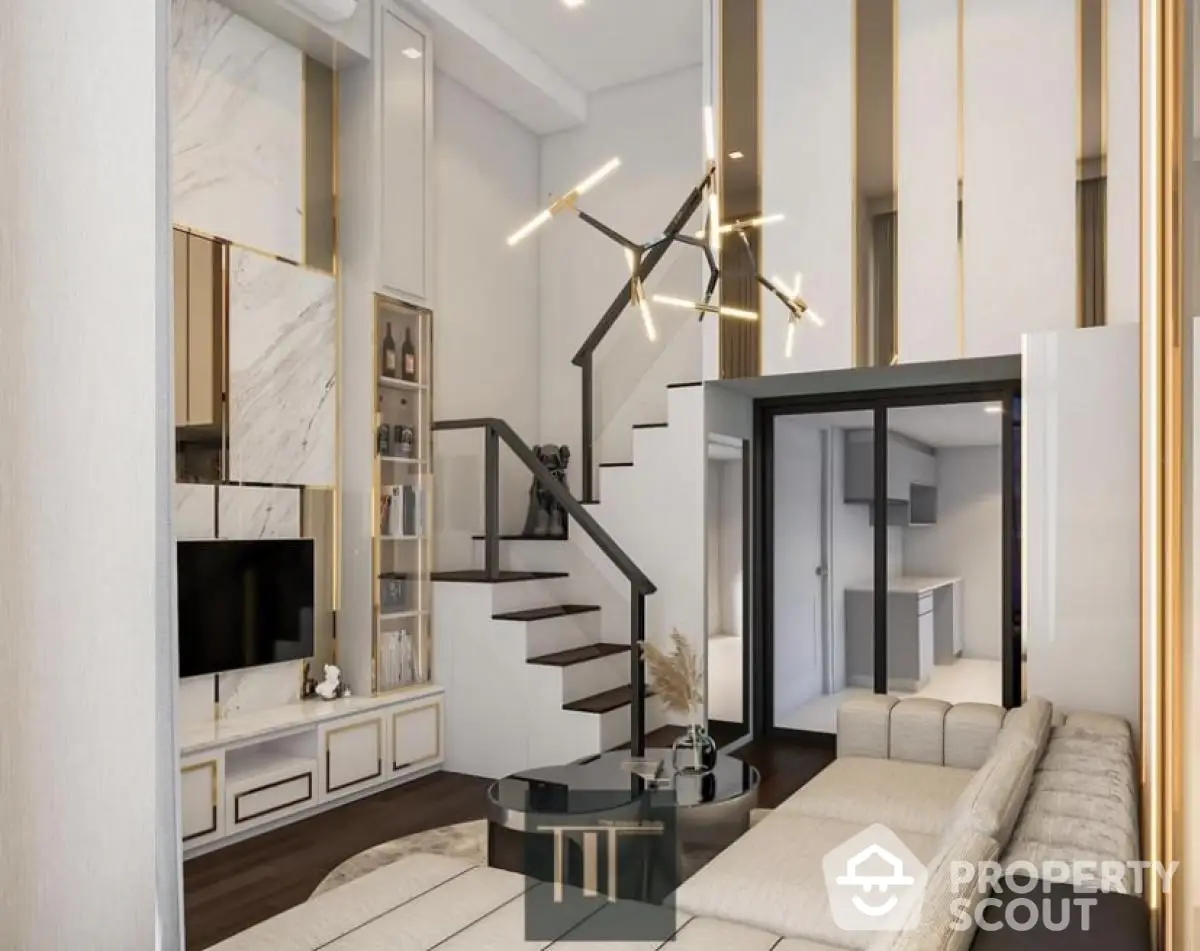 Luxurious modern living room with stylish staircase and elegant decor