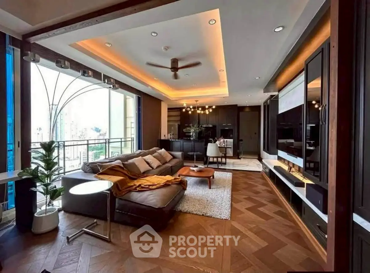 Luxurious modern living room with elegant decor and city view, featuring a spacious layout and stylish furnishings.