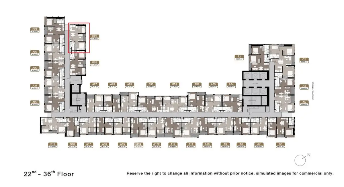 Detailed floor plan for 22nd to 36th floors with multiple apartment layouts.