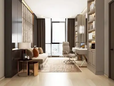 Luxurious home office with city view, elegant decor, and modern furnishings.