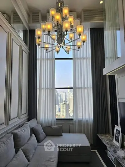 Luxurious living room with high ceiling and stunning city view