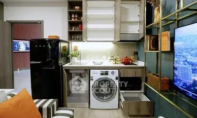 Modern kitchen with sleek appliances and stylish open shelving