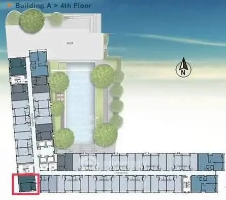 Schematic floor plan of Building A's 4th floor with pool and unit layout.