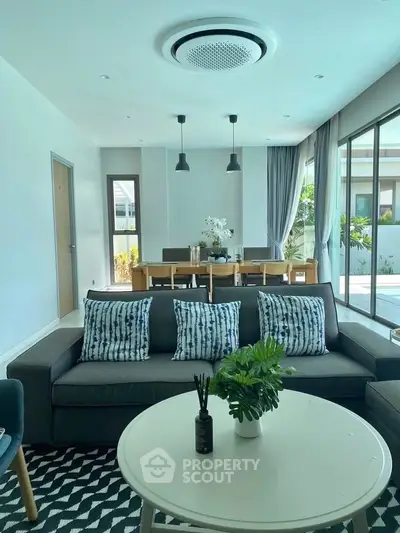 Modern living room with stylish decor and large windows offering natural light