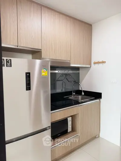 Modern compact kitchen with sleek cabinetry and stainless steel appliances