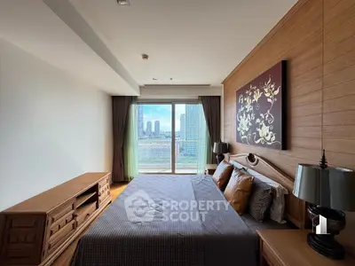 Luxurious bedroom with wooden accents and city view from large window.