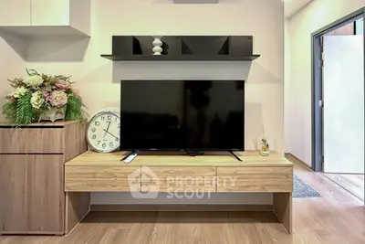Modern living room with sleek TV stand and stylish decor