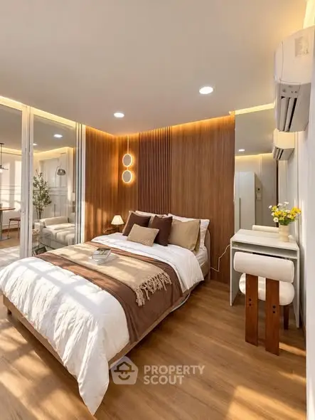 Modern bedroom with stylish wooden accents and cozy lighting