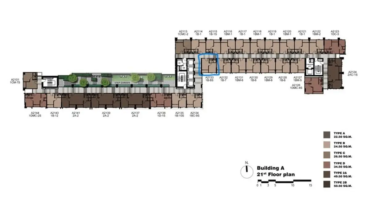 Detailed 21st floor plan of Building A with various unit types and sizes.
