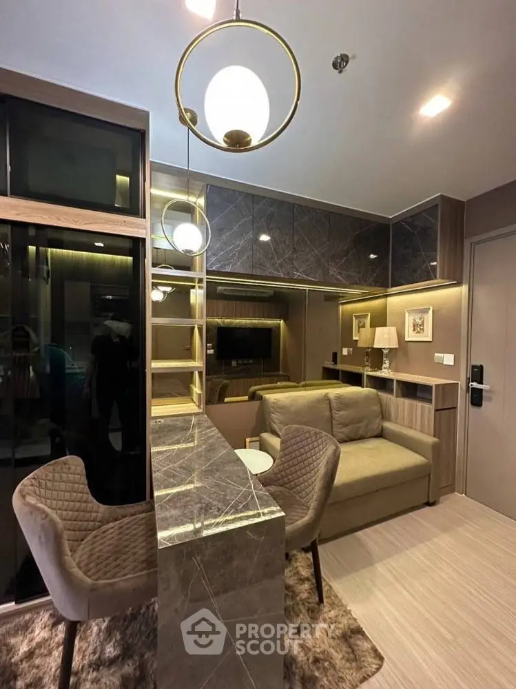 Modern living room with stylish decor and cozy seating area