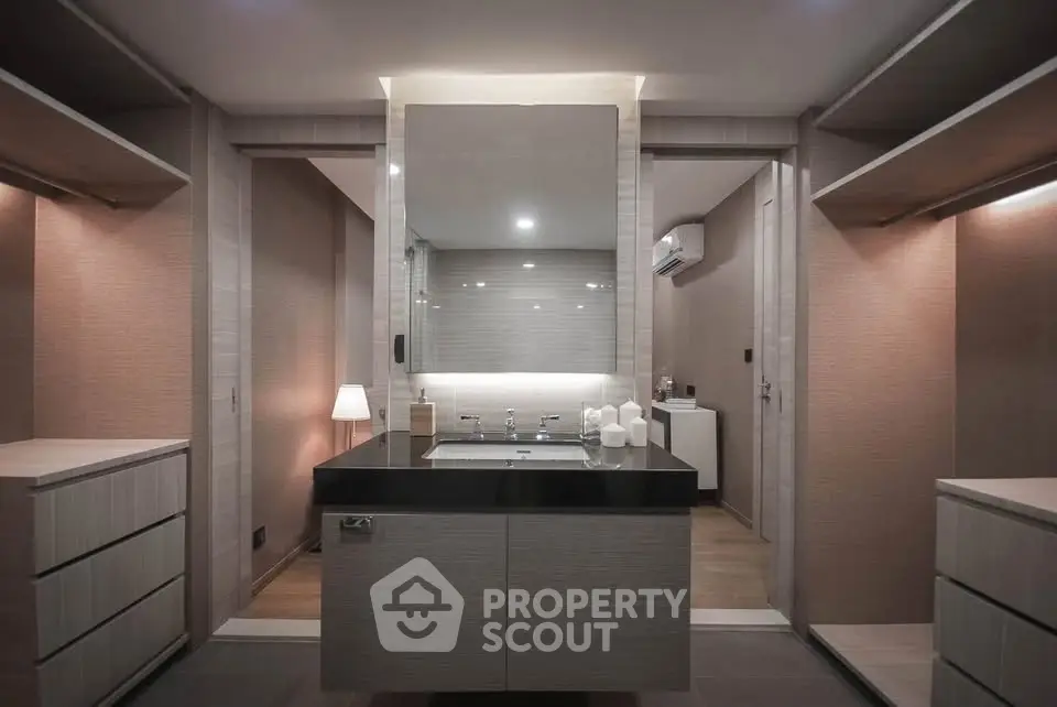 Luxurious modern bathroom with sleek design and ambient lighting
