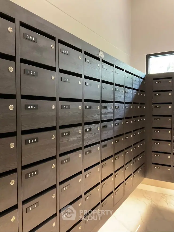 Modern apartment building mailboxes in a sleek, organized layout with natural lighting.