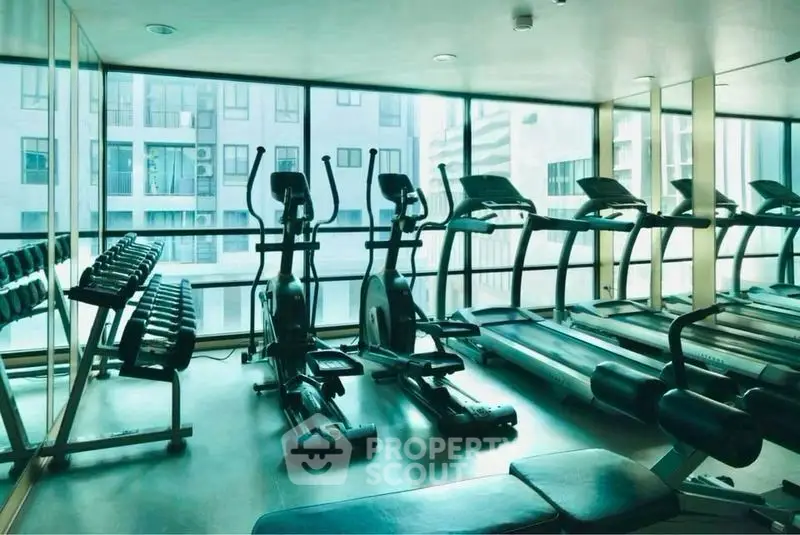 Modern gym with state-of-the-art equipment and large windows in a luxury building.