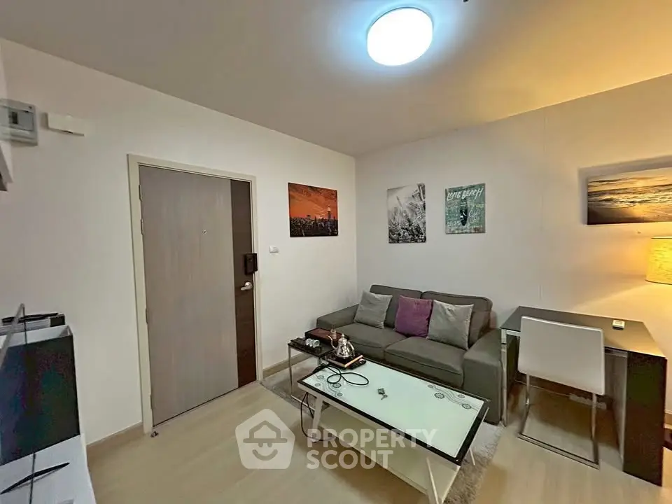 Modern living room with stylish decor and cozy seating area