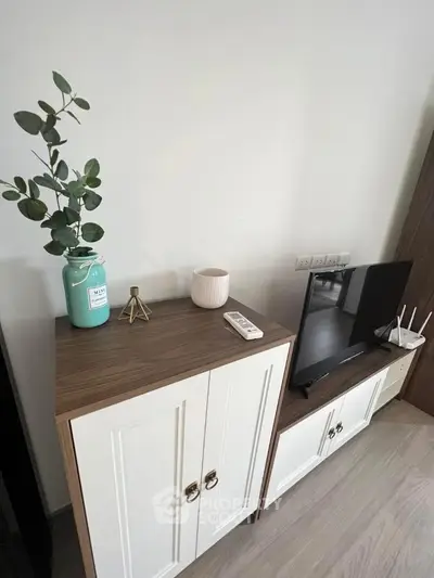 Modern living room with stylish cabinet and TV setup