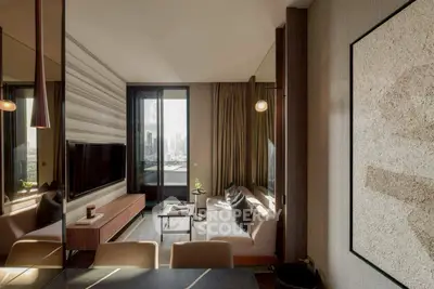 Luxurious modern living room with city view, elegant decor, and natural light.