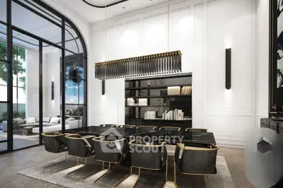 Luxurious dining room with elegant black table and modern chairs, featuring floor-to-ceiling windows and stylish lighting.
