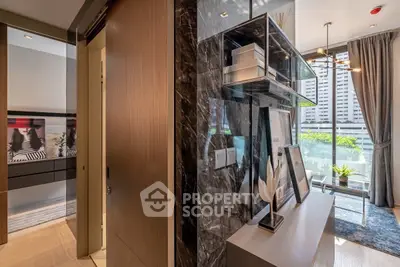 Luxurious modern apartment interior with stylish decor and city view balcony.