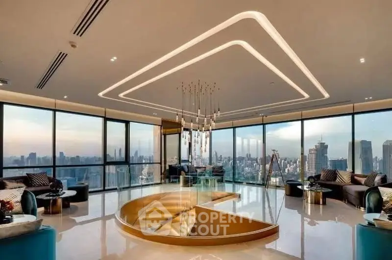 Luxurious penthouse living room with panoramic city views and modern decor