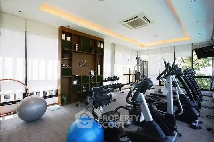 Modern gym with exercise equipment and natural light in luxury apartment building.