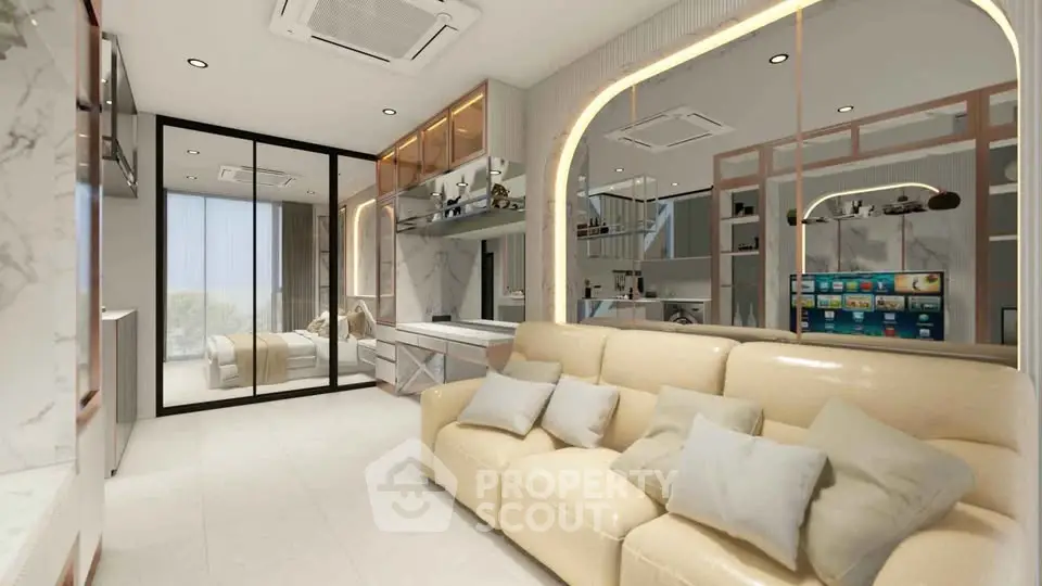 Luxurious modern living room with elegant decor and spacious seating area.