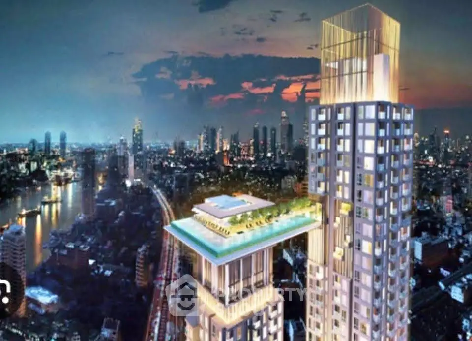 Stunning cityscape view with modern high-rise building and rooftop pool at dusk.